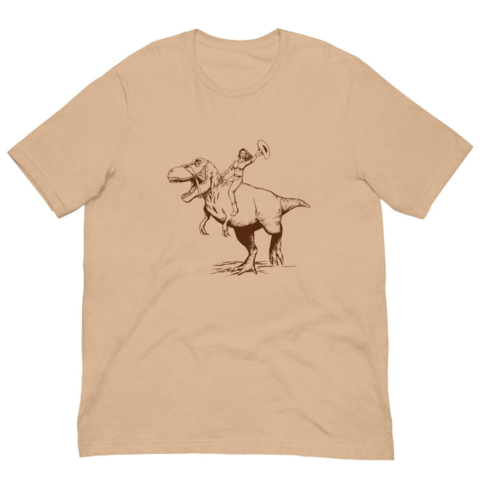 Cowgirl Riding Dinosaur, Funny T-shirt, Funny Shirts for Men Women, Weird Shirts, Cool Graphic Tees - Atomic Bullfrog