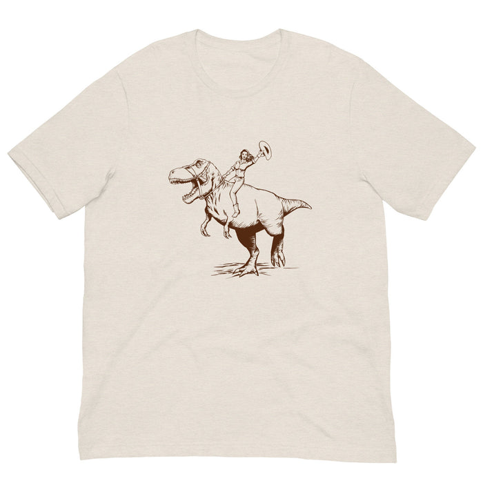 Cowgirl Riding Dinosaur, Funny T-shirt, Funny Shirts for Men Women, Weird Shirts, Cool Graphic Tees - Atomic Bullfrog