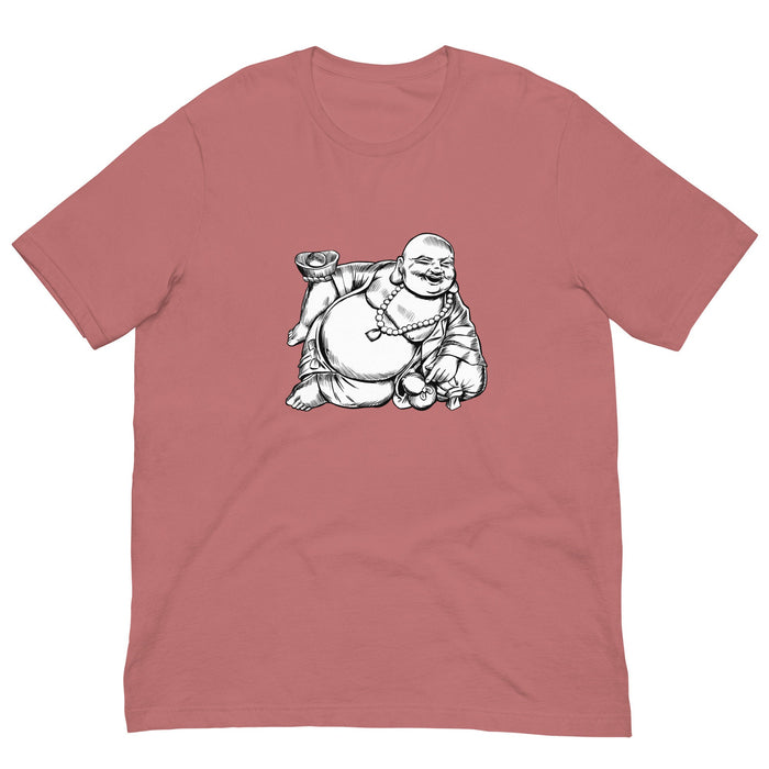 Zen-inspired Reclining Laughing Buddha T-Shirt - Embrace Serenity and Joy with This Unique Tee - Atomic Bullfrog