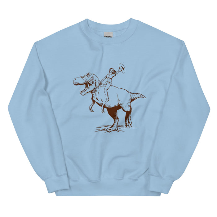 Cowgirl Riding Dinosaur Sweatshirt, Weird Shirts - Atomic Bullfrog
