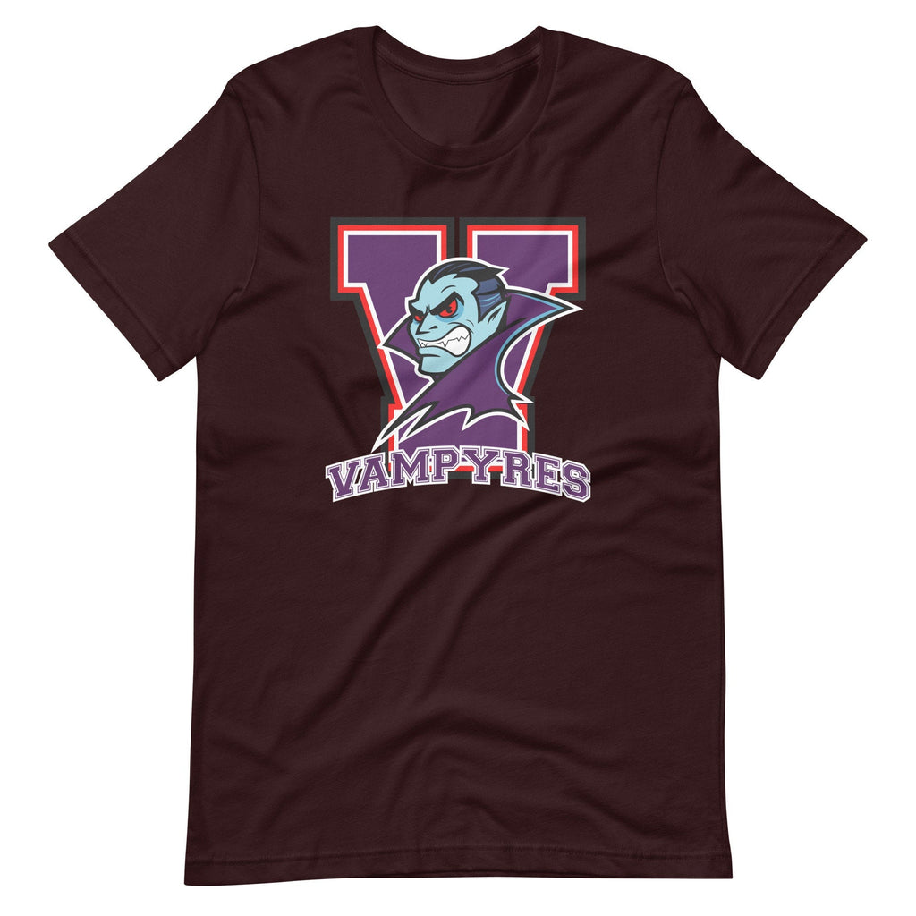 Funny Vampire Shirt, Collegiate Vampires Unisex t-shirt, Halloween tshirt, Funny College Parody Shirt, Vampire Mascot Shirt, Horror Fan Gift - Atomic Bullfrog