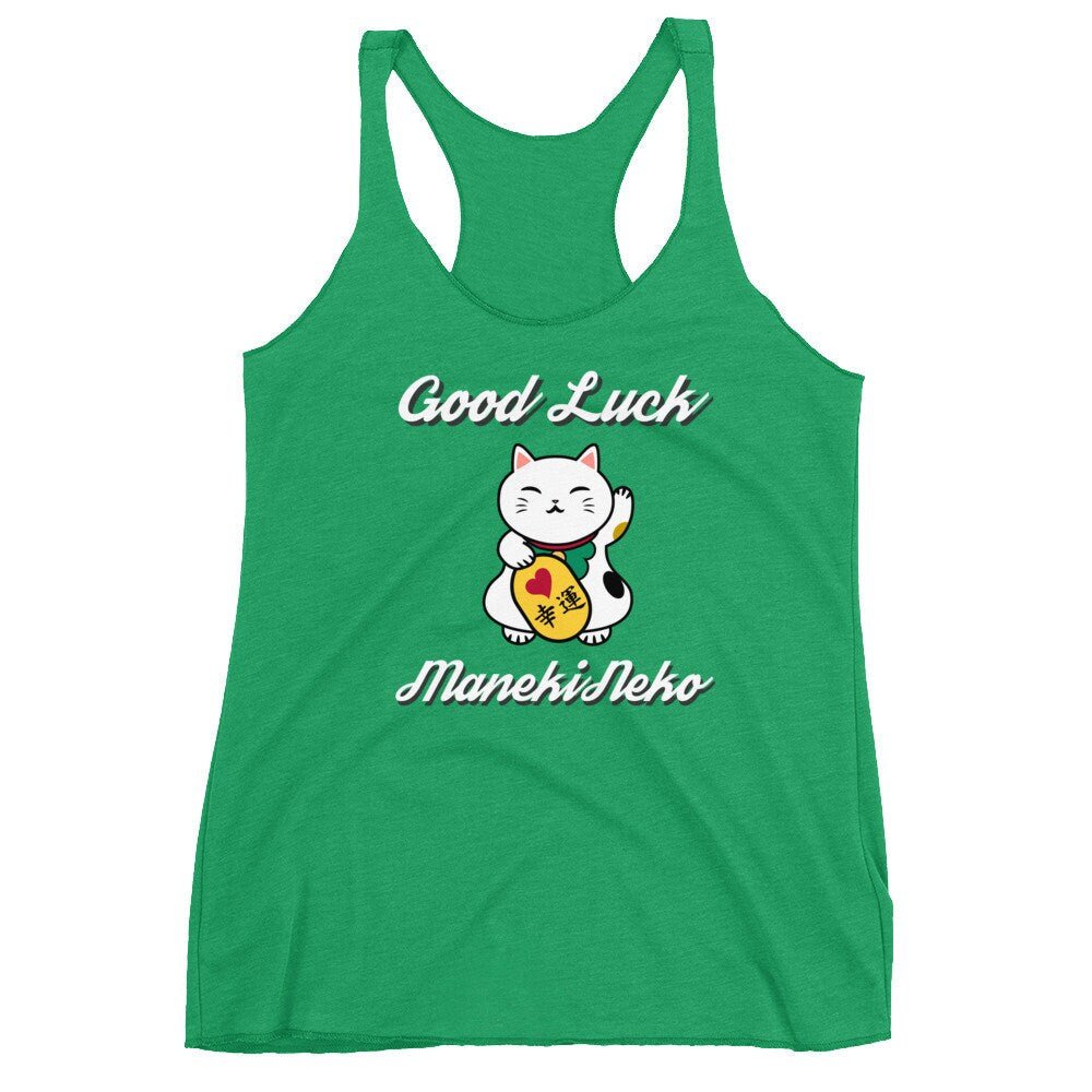 Japanese Lucky Cat, Good Luck Maneki Neko Women's Racerback Tank,cute workout top,gift for her,gift for mom,summer,cat shirt,fun - Atomic Bullfrog