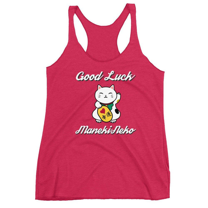Japanese Lucky Cat, Good Luck Maneki Neko Women's Racerback Tank,cute workout top,gift for her,gift for mom,summer,cat shirt,fun - Atomic Bullfrog