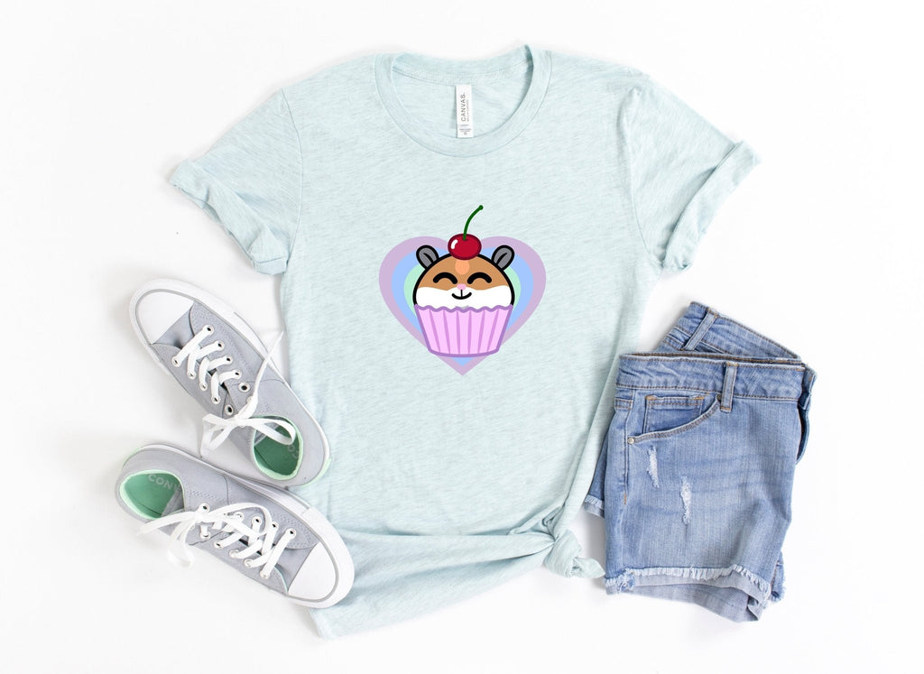 Kawaii Cute Happy Hamster Cupcake Short-Sleeve Unisex T-Shirt, Kawaii Clothing, Hammy Tee, Hamster Shirt, Gift, Hamster Mom, Hamster Dad - Atomic Bullfrog