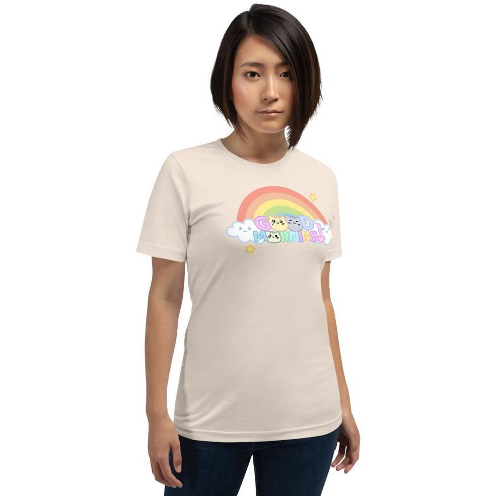 Kawaii Good Morning Chibi Cat Rainbow Unisex T-Shirt - Atomic Bullfrog