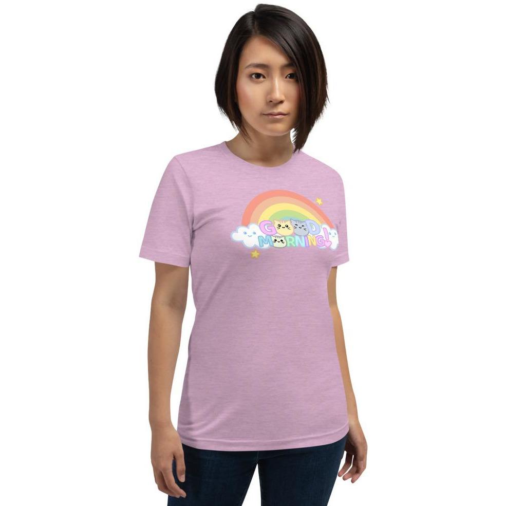 Kawaii Good Morning Chibi Cat Rainbow Unisex T-Shirt - Atomic Bullfrog