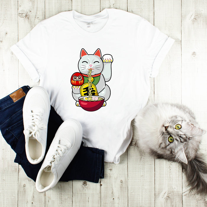 Kawaii Japanese Lucky Cat Eating Ramen Unisex T-Shirt - Atomic Bullfrog