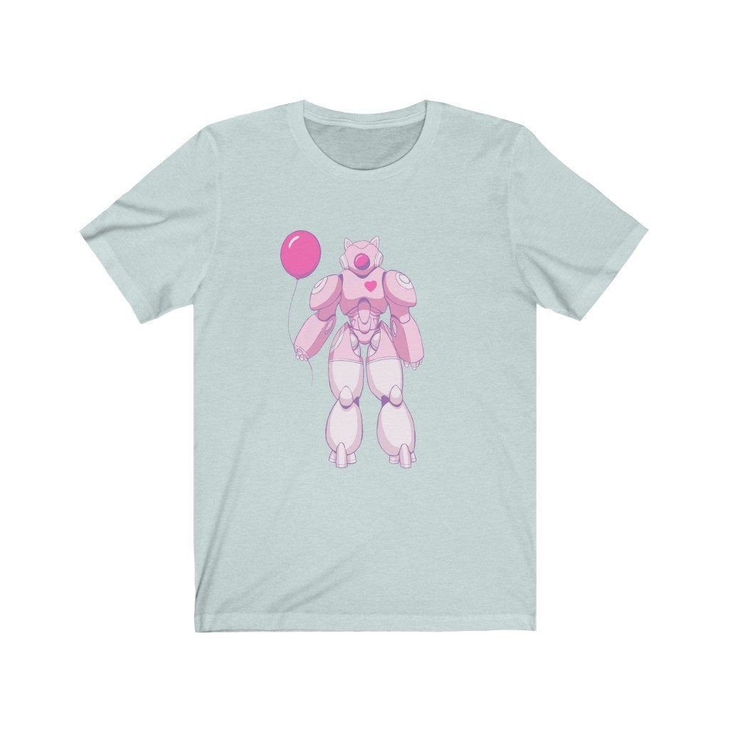 Kawaii Mecha with Balloon Unisex Tee, Kawaii Anime Pink Girl Robot Shirt, Kawaii Manga Robot Tee, Kawaii Aesthetic Mecha T-Shirt - Atomic Bullfrog