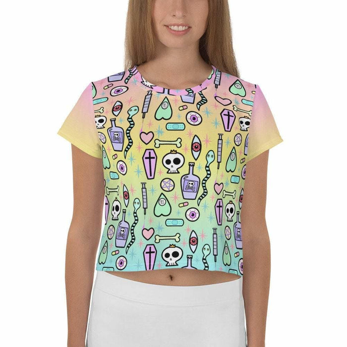 Pastel Goth Skull Occult Pattern All Over Print Crop Tee, Yami Kawaii Patterned Shirt - Atomic Bullfrog