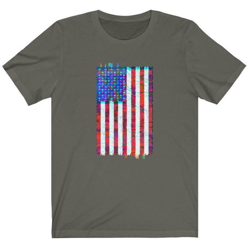 Vaporwave American Flag Glitch Unisex Tee, Synth Wave American Flag Shirt, Vaporwave Aesthetic Shirt, Glitch American Flag Patriotic Tshirt - Atomic Bullfrog